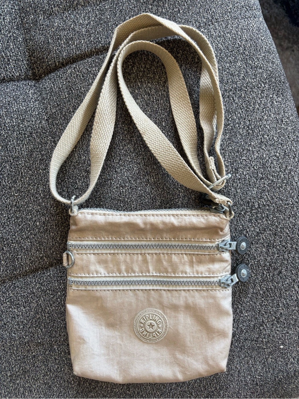 Kipling Light Beige Metallic Compact Crossbody with Triple Zips